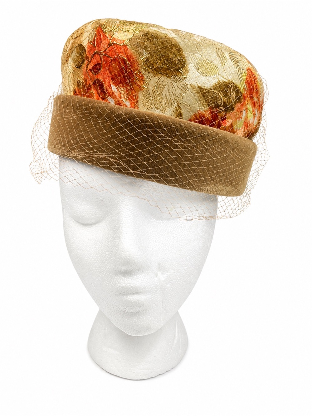 Vintage 1960s Fisk Chicago Tall Toque Hat Metallic Brocade Velvet Birdcage Veil